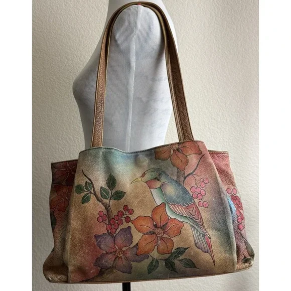 Anna By Anuschka Handbag Hand Painted Toucan Bird Floral Berries Boho - Picture 8 of 16